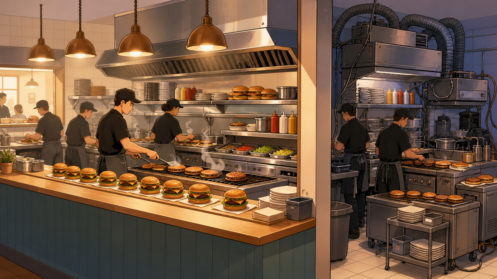 A burger restaurant kitchen making extra burgers beside a redundant second kitchen line
