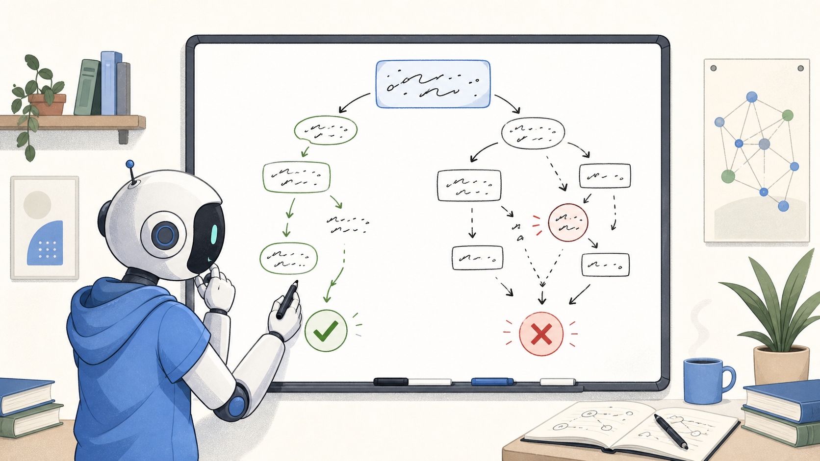 An AI student tracing correct and incorrect solution paths on a whiteboard