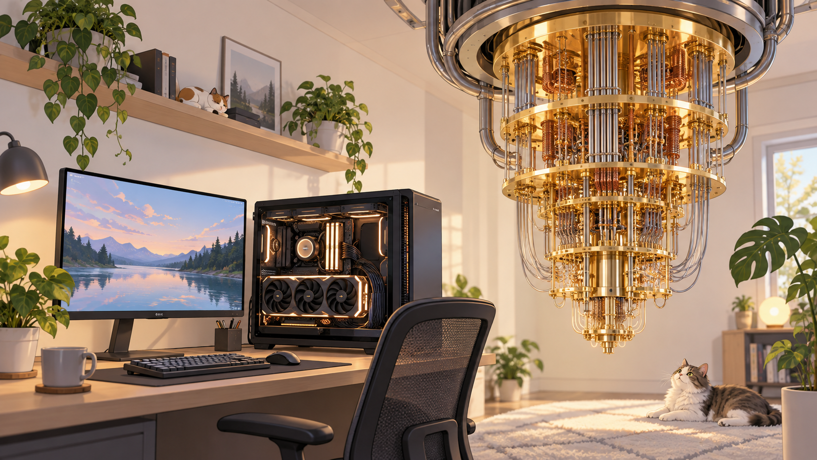 A home computer with a capable CPU and GPU beside an absurd chandelier-like quantum computer