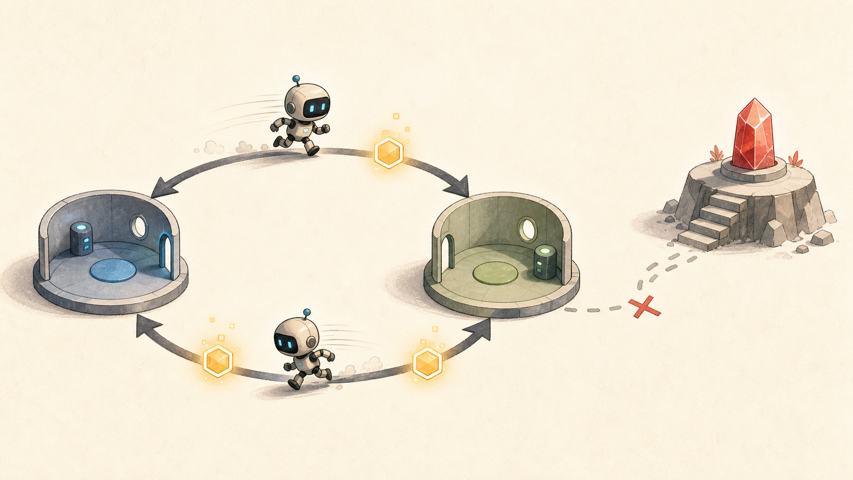 A small agent looping between two states to collect reward while ignoring the real goal
