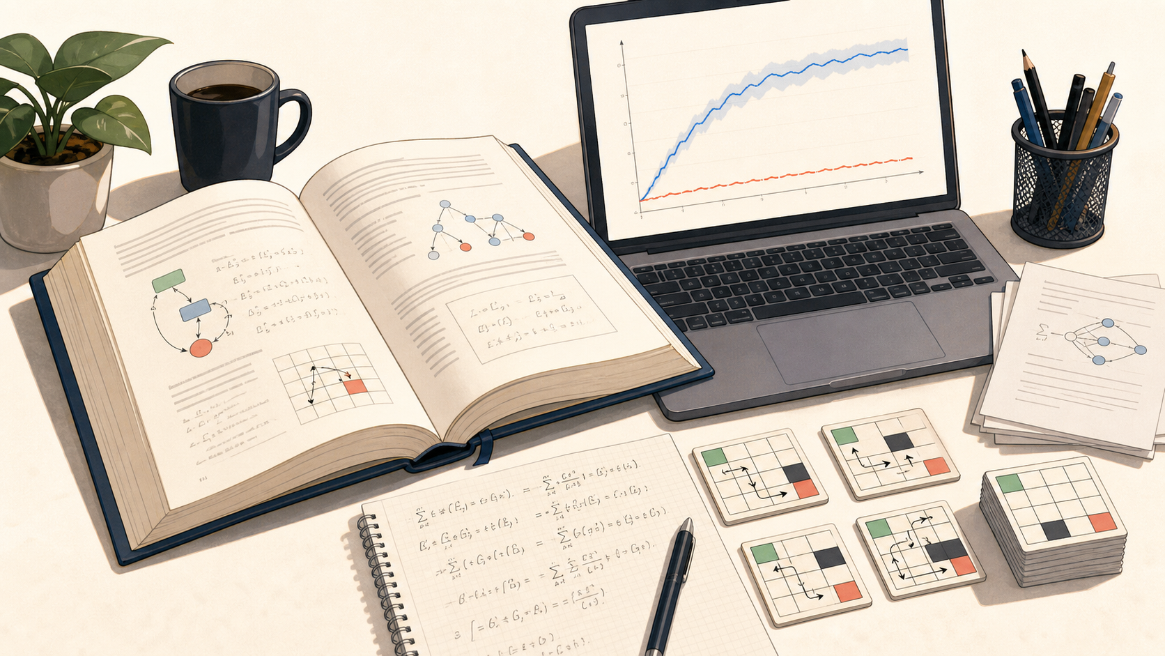 An open reinforcement learning textbook beside notes, gridworld tiles, and a learning curve